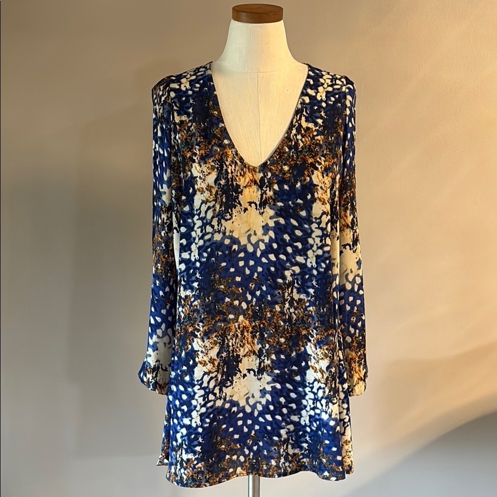 Pookie & Sebastian Blue cream  Patterned V-Neck mini shift Dress SPLIT sleeves M